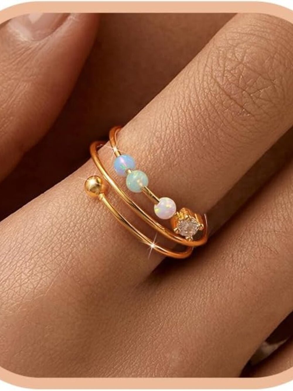 14K Gold Plated Filled Fidget Rings With Opal S925 Sterling Silver Adjustable Op